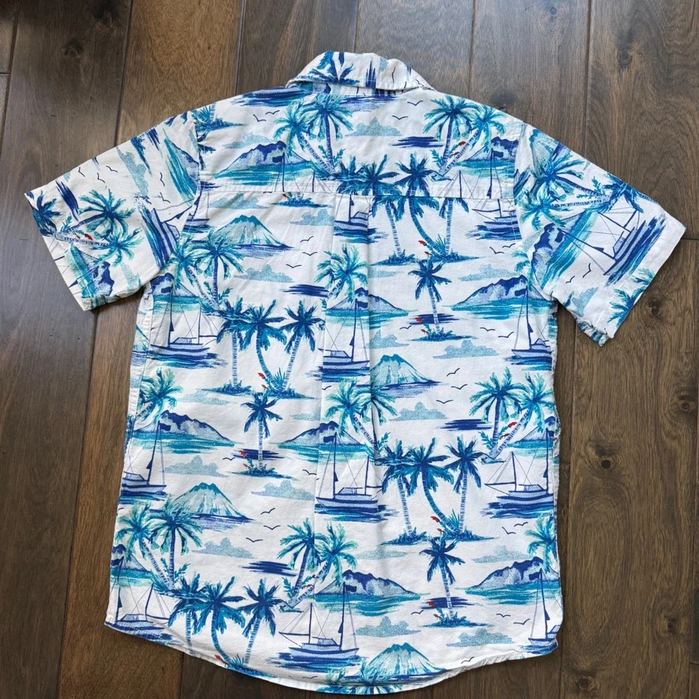 The Children's Place Tropical Button Down Kids 10/12 White Blue Excellent Palm